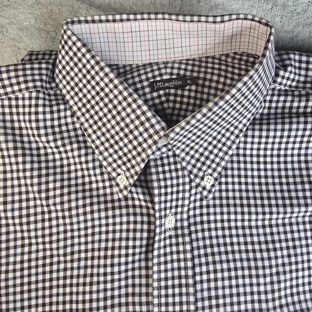 J.McLaughlin Men's XL Brown Blue Plaid 100%Cotton Button Down Pocket Long Sleeve - Picture 2 of 12